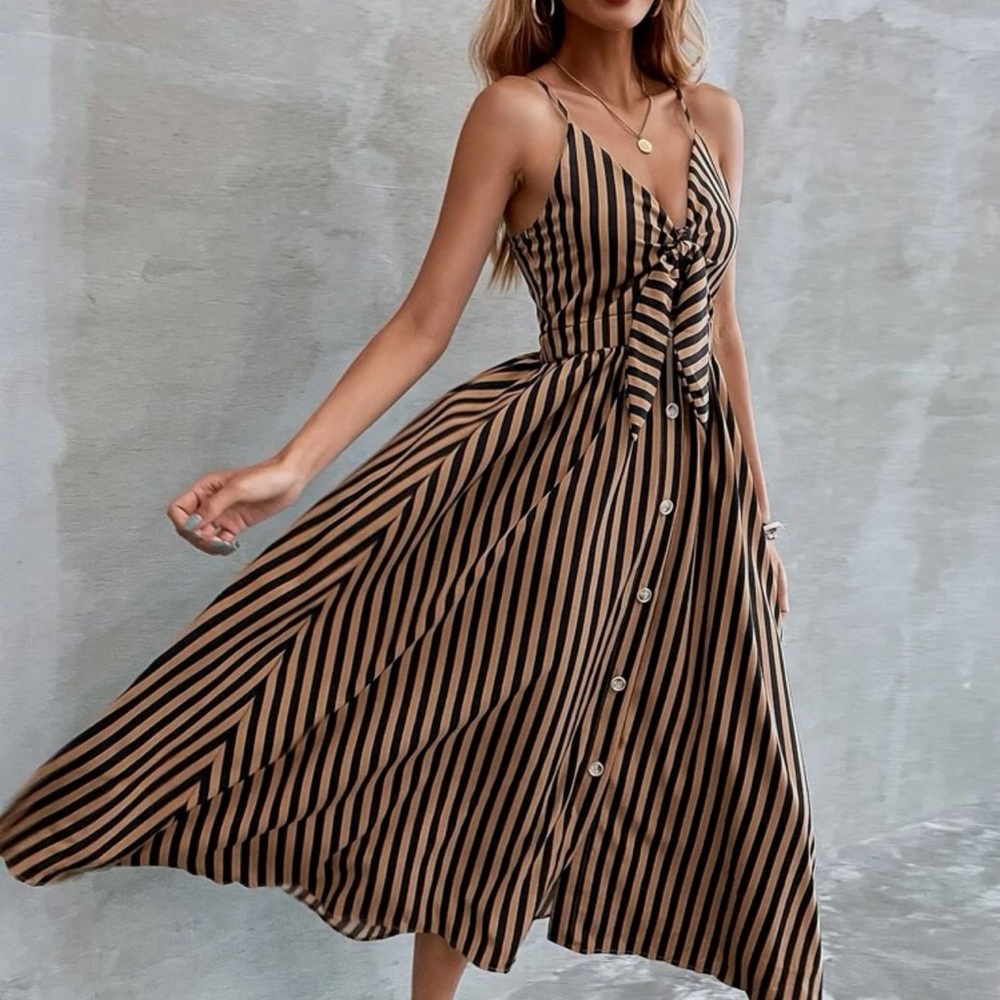 Striped Brown & Black Midi Dress with Front Tie